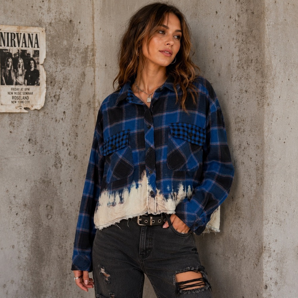 BDG Urban Outfitters Bleach Dip Flannel Shirt Sz S Blue Plaid Crop Raw Hem